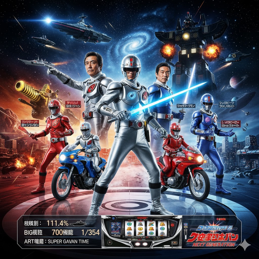 宇宙刑事ギャバン、シャリバン、シャイダーが一堂に会し、宇宙空間を背景にポーズをとるイラスト。背景にはそれぞれの巨大な戦闘機が浮かび、手前にはバイクに乗ったヒーローも描かれている。画面下にはパチスロ機の表示があり、宇宙刑事シリーズの多角的な側面を表現している。