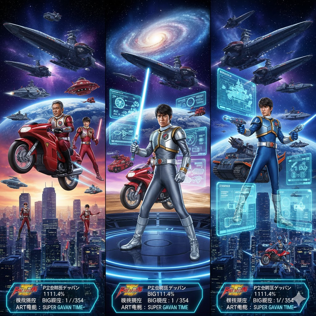 宇宙刑事シャイダーのスーツデザインの詳細を示すイラスト。彼の周囲には、スーツの各部位の機能が図示されており、未来的なテクノロジーが感じられる。背景には広大な宇宙と宇宙船、都市のスカイラインが描かれている。