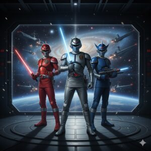 宇宙船のブリッジから広大な宇宙を背景に、ライトセーバーを構える3人の宇宙刑事が並び立つイラスト。中央に銀色のギャバン、左に赤いシャリバン、右に青いシャイダーがおり、未来的な宇宙船が彼らの背後に浮かんでいる。