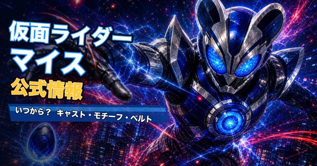 仮面ライダーマイスの公式情報を紹介する大きなタイトルとアクションヒーローを配置したオリジナル特撮アイキャッチ