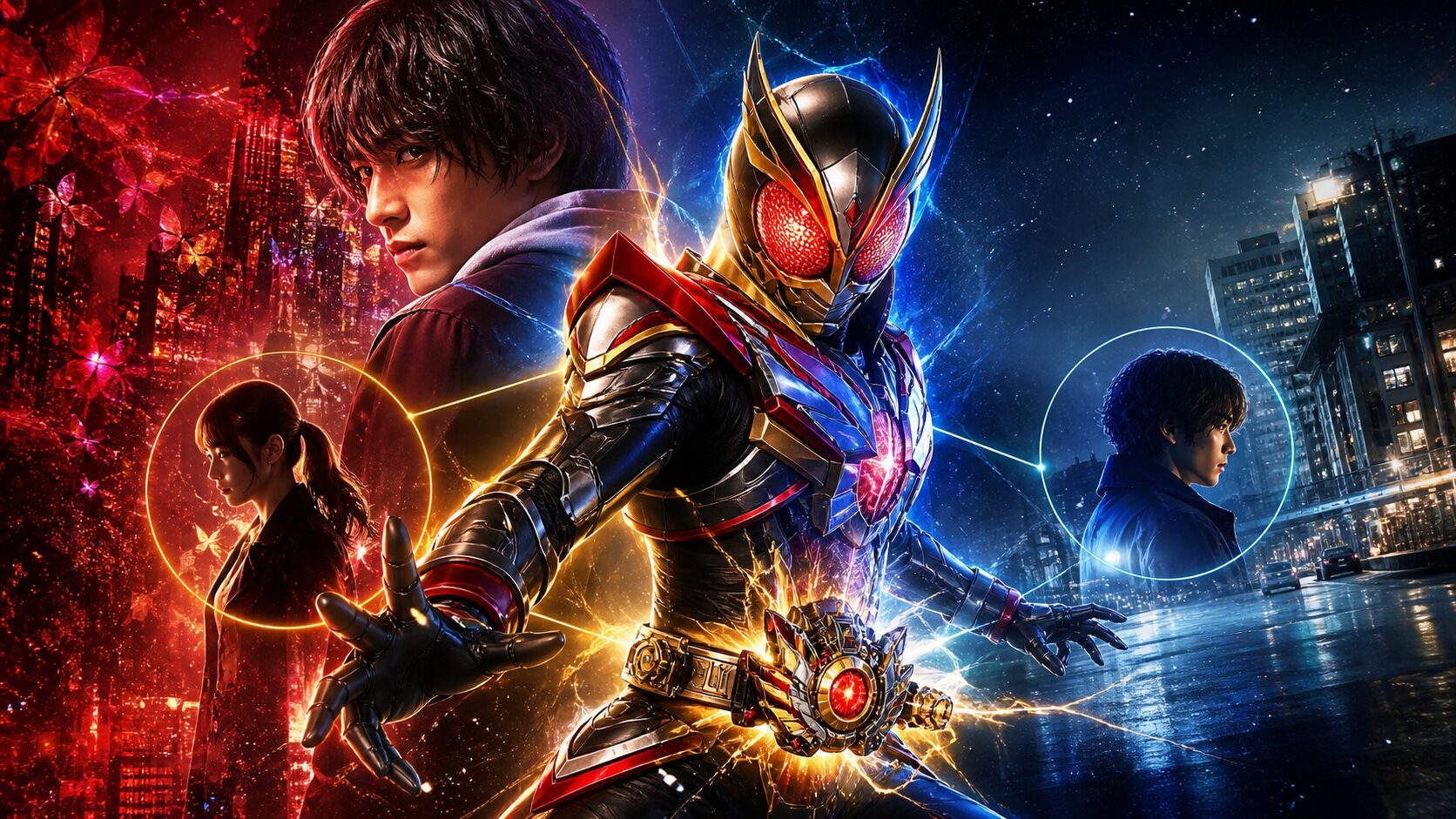 仮面ライダーゼッツの変身者とキャスト、登場人物の関係を表す特撮ヒーローイメージ