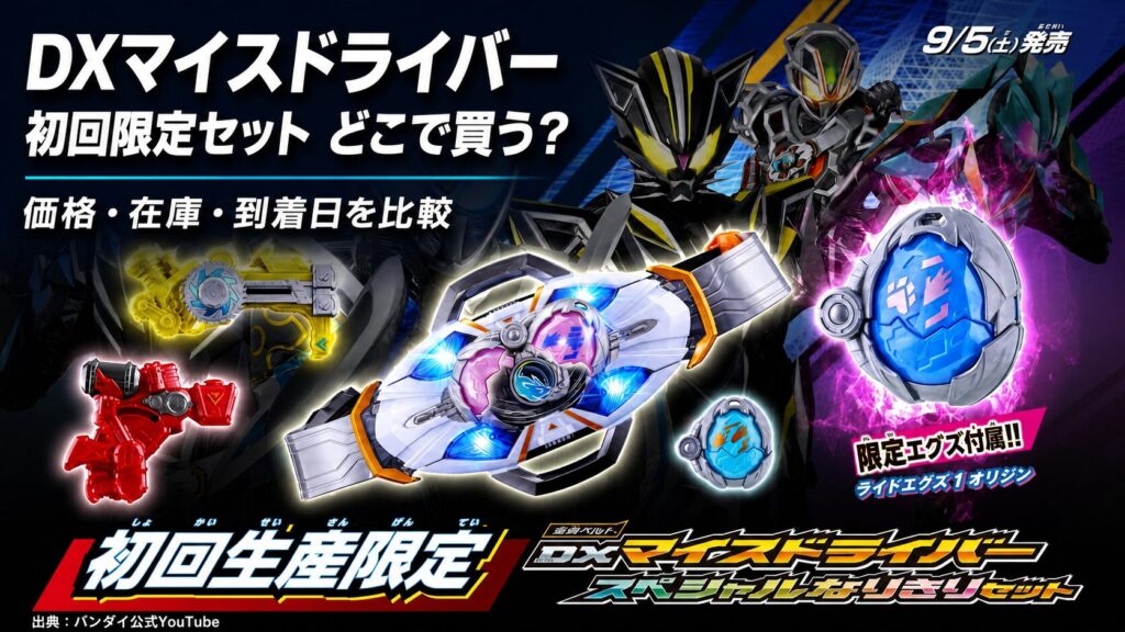 DXマイスドライバー初回限定セットと仮面ライダーマイスを主役に、価格・在庫・到着日比較を示すアイキャッチ