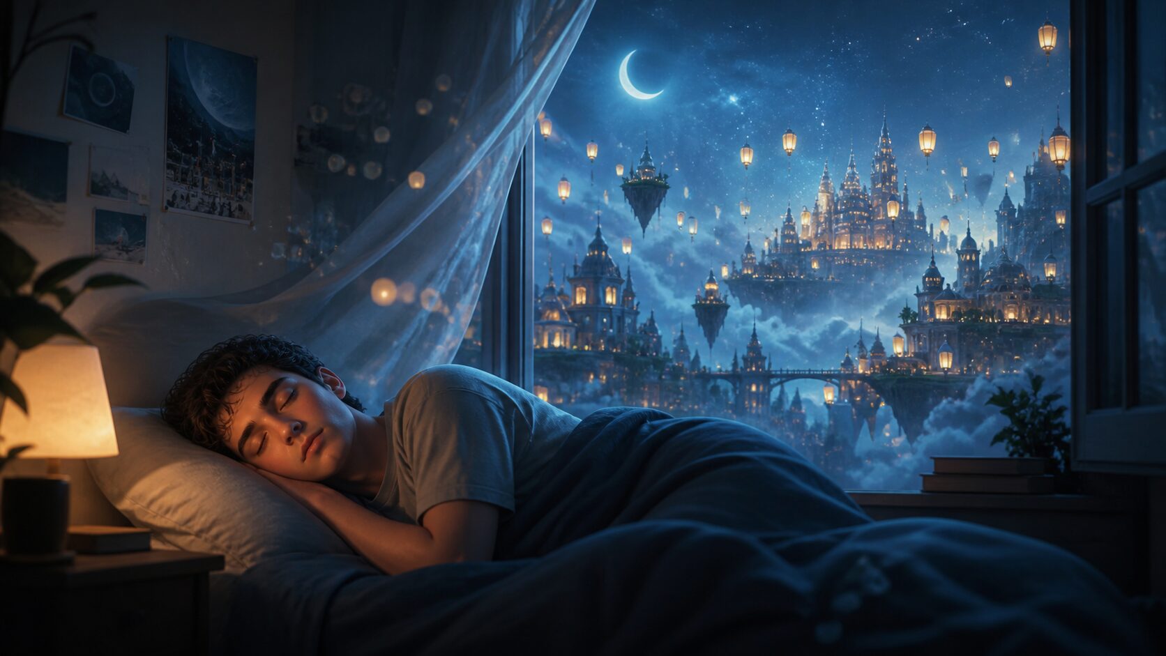 夢の中の街と眠る青年を表すイメージ