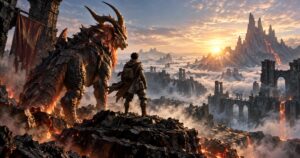 炎の角獣と人間のハンターが古代世界を望む編集部制作のイメージビジュアル