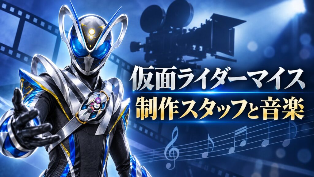 仮面ライダーマイスの制作スタッフと音楽を表す非公式解説イラスト。撮影現場、実在スタッフ、実際の楽譜を示すものではありません。