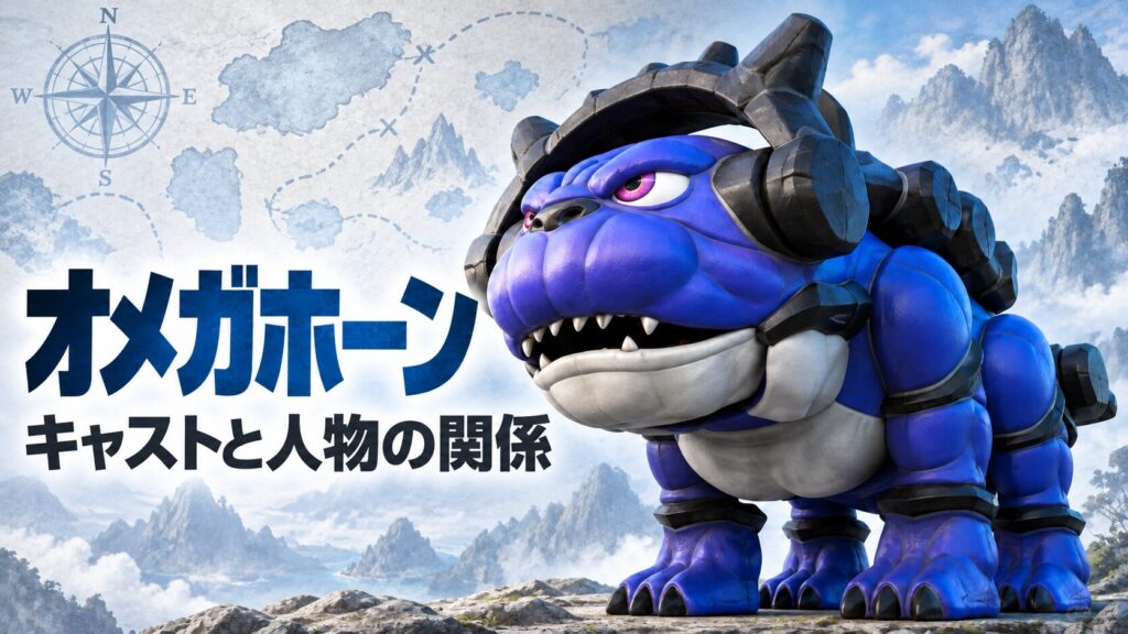 角醒ハンターオメガホーンのキャストと人物関係を案内する剛角参考の非公式イラスト。
