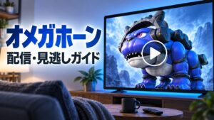 オメガホーンの配信・見逃しガイドを表す非公式イラスト。テレビ内の風景と再生マークは概念表現で、番組映像や実際の配信サービス画面ではありません。