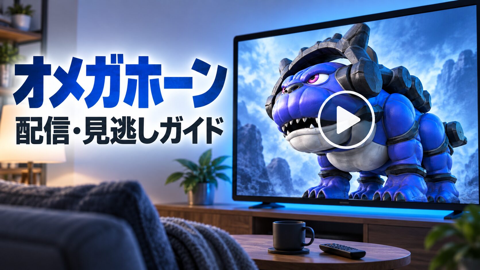 オメガホーンの配信・見逃しガイドを表す非公式イラスト。テレビ内の風景と再生マークは概念表現で、番組映像や実際の配信サービス画面ではありません。