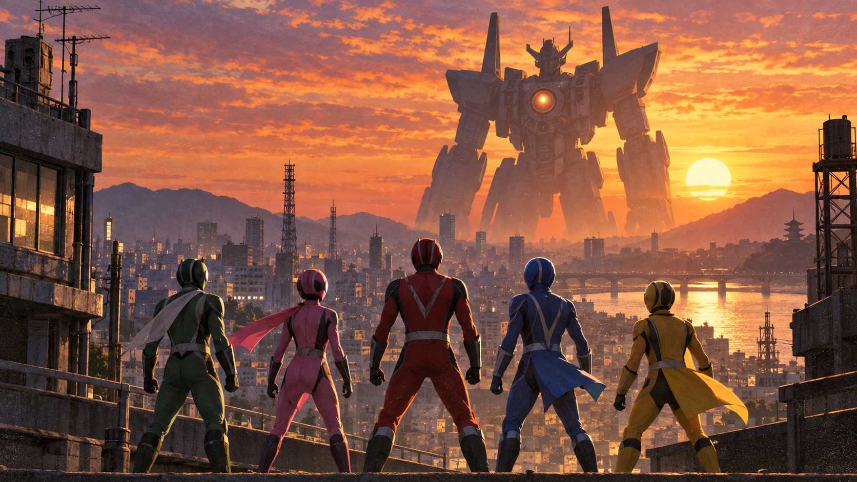 夕焼けの街で5人の色分けヒーローが巨大ロボを見上げるオリジナルイメージ