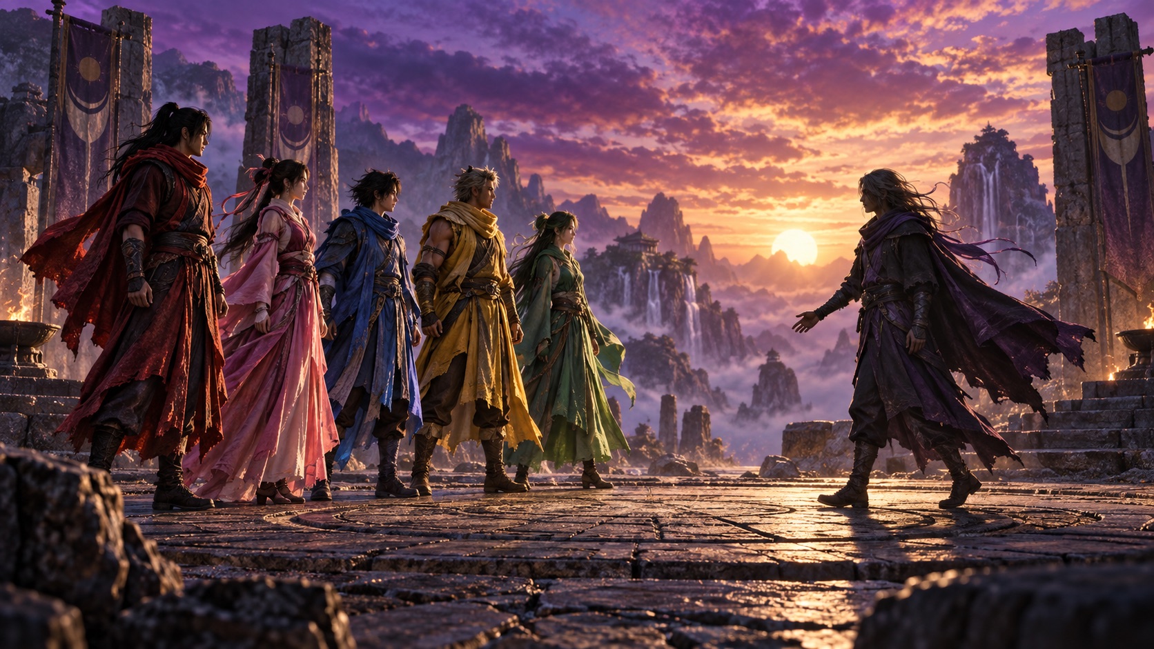 5人の色分けヒーローへ6人目の戦士が歩み寄るオリジナルイメージ