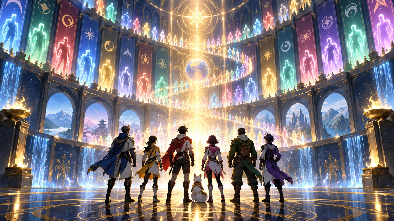 6人のヒーローが歴代の光のシルエットを見上げるオリジナルイメージ